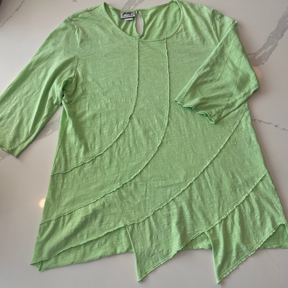 Wild Palms Lime Green Cotton Slub Knit Layered Sharkbite Hem Top XL